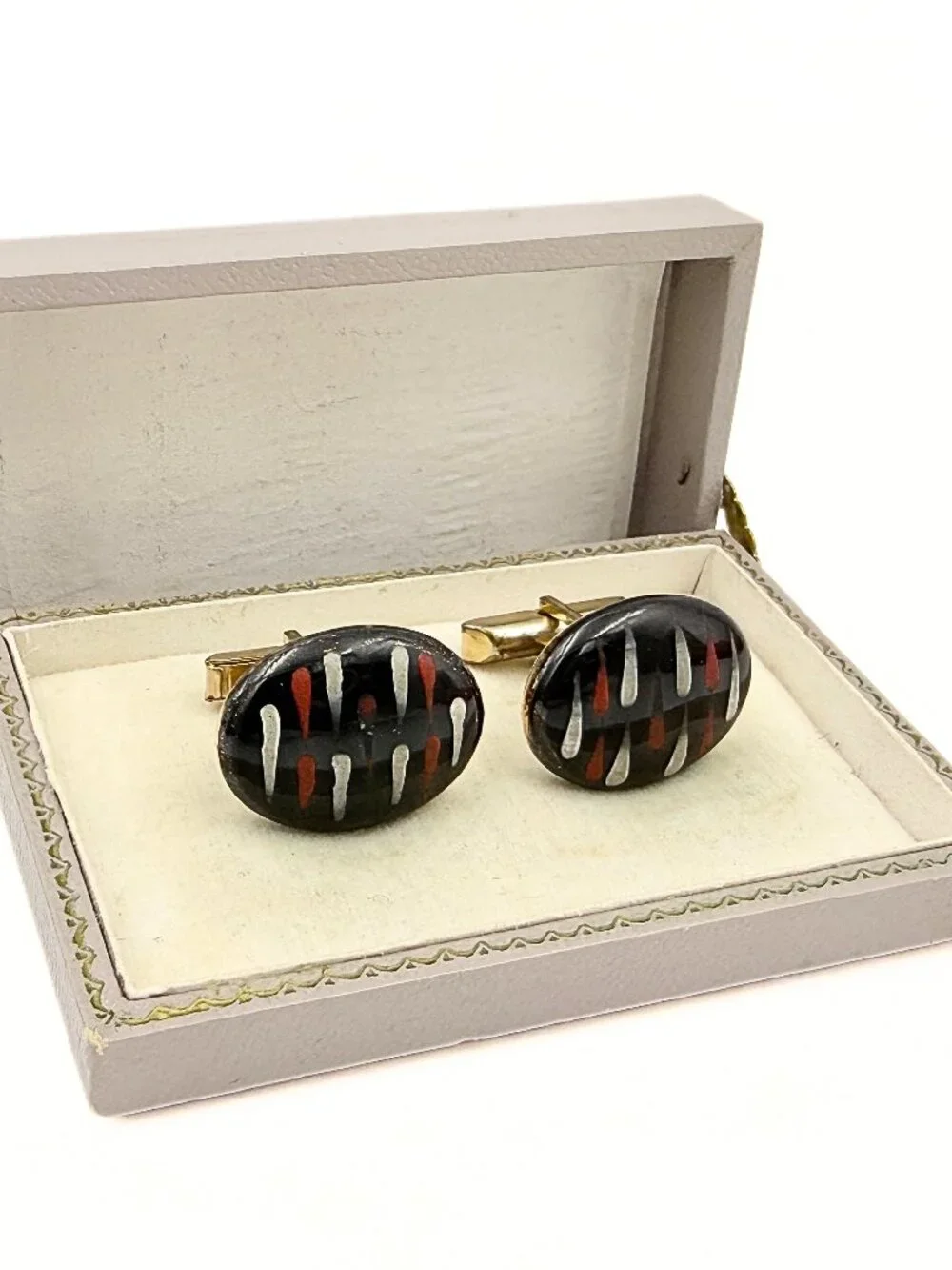 Victoria Flemming Signed Abstract Porcelain Black Red Enamel MCM Cufflinks
